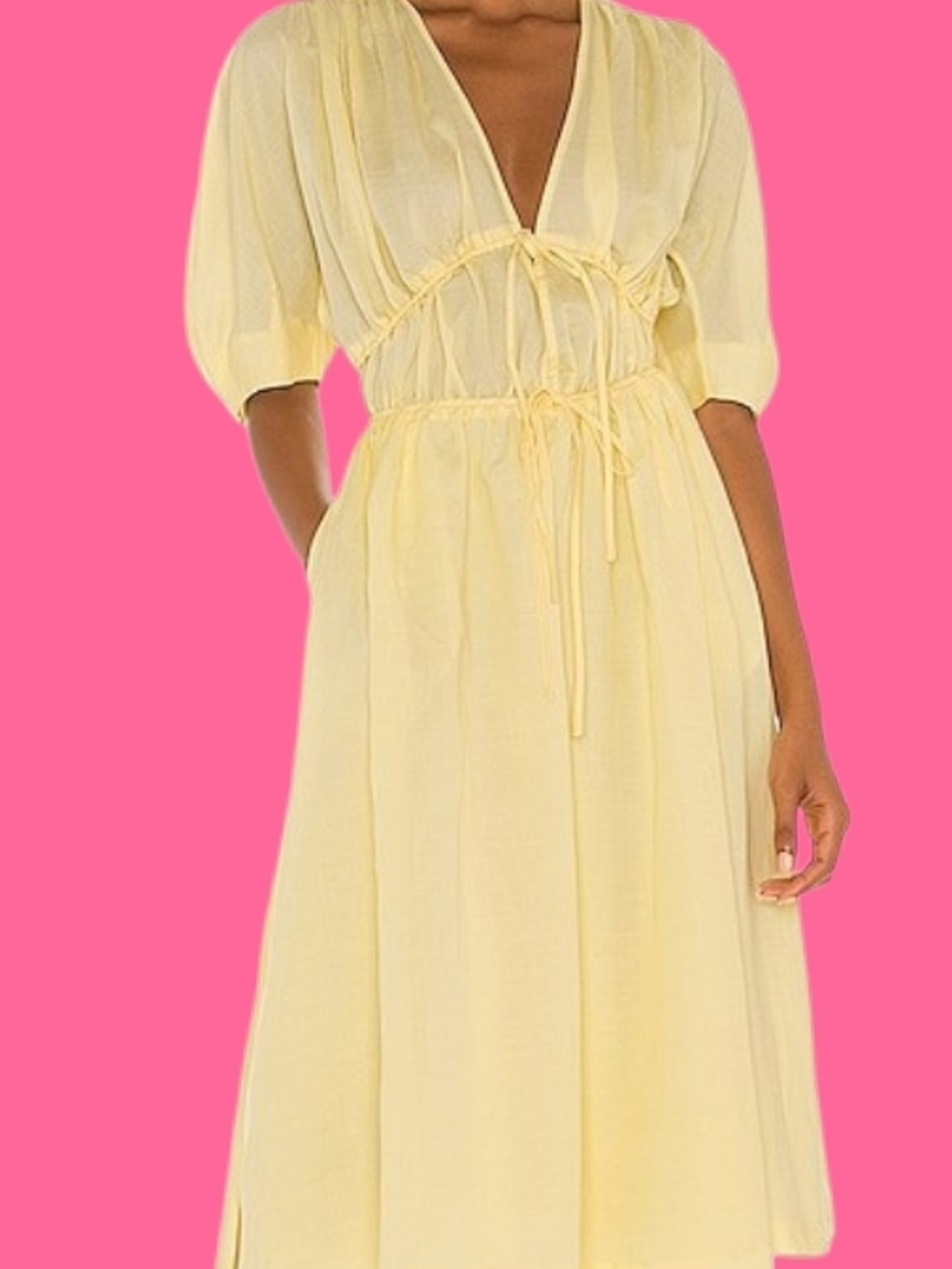 Light Yellow Tie-Waist Midi Dress - Women